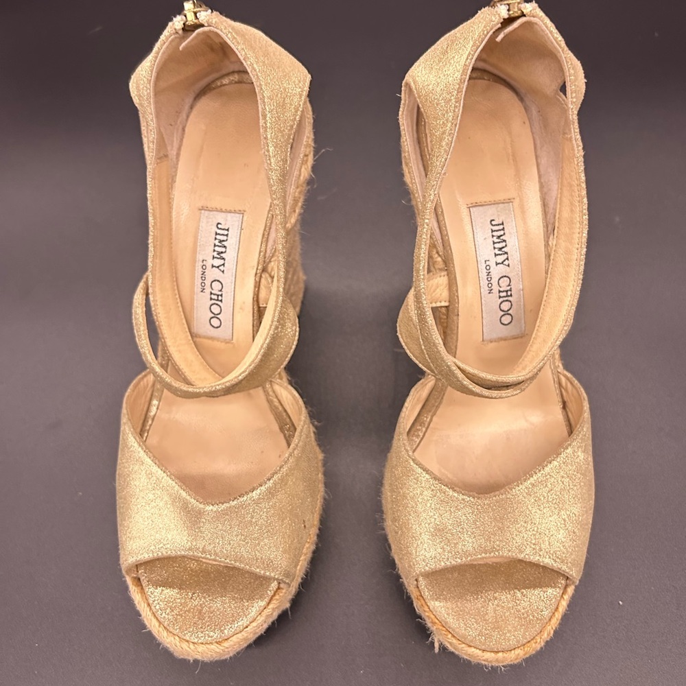 Jimmy Choo Sparkling Gold Peep-Toe Heels